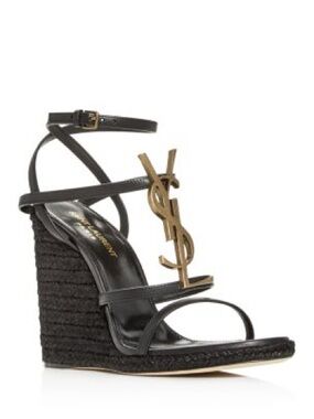 Saint Laurent Black Cassandra 105 Wedge Sandal with Gold YSL Logo